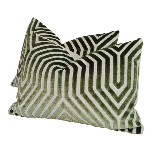 Schumacher Vanderbilt Velvet Lumbars in Lettuce Green For Sale