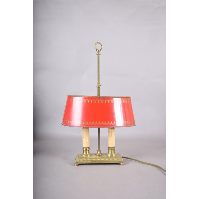 Metal Brass Bouillotte Table Lamp with Red Tole Shade, 1950s For Sale - Image 7 of 15