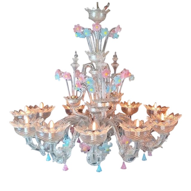 Italian Murano Glass Chandelier with Flowers For Sale