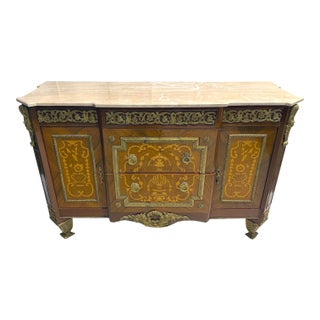 Early 1900s Louis XVI Style Marquetry Inlaid Marble-Top Sideboard For Sale