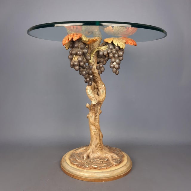 Mid-Century Modern Vintage Round Coffee Table with Crystal & Wood Trunk in Grape Vine shape, 1950s For Sale - Image 3 of 16