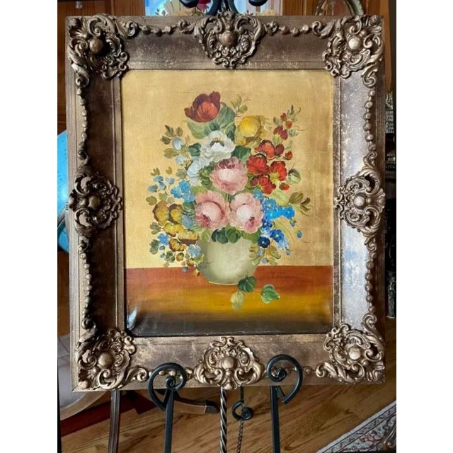 Oil Painting Framed Signed, Mid 20th Century Floral Still Life, Old Carved Wood Frame This gorgeous, signed, oil painting...