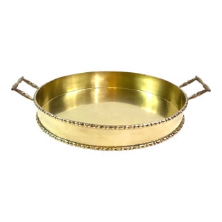 Circa 1960 Vintage Brass Faux Bamboo Round Handled Tray For Sale