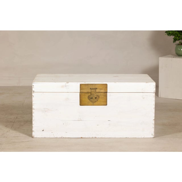 Metal Mid 20th Century Whitewashed Blanket Chest with Brass Hardware and Storage For Sale - Image 7 of 12