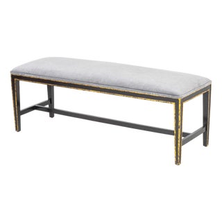 Modern Blue Gray Velvet Upholstered Ebonized Bench For Sale