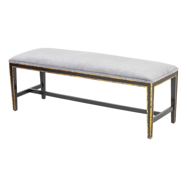 Modern Blue Gray Velvet Upholstered Ebonized Bench For Sale
