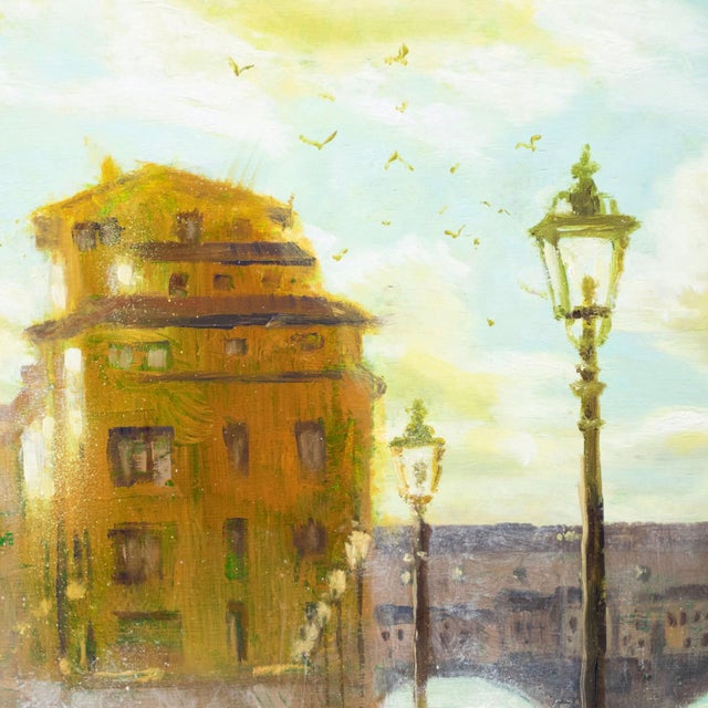This artwork captures the iconic Ponte Vecchio in Florence, bathed in the warm glow of a setting sun. The interplay of...