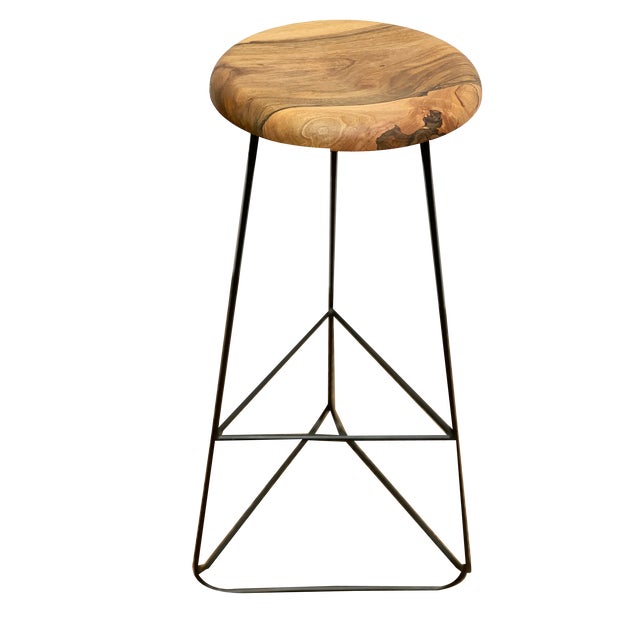 Bar Stool with Steel Frame and Walnut Seat For Sale