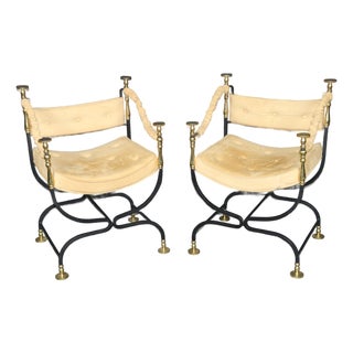 1940's Pair Italian Brass and Steel Jansen Style Savonarola Armchairs For Sale