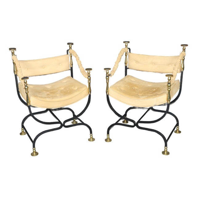 1940's Pair Italian Brass and Steel Jansen Style Savonarola Armchairs For Sale