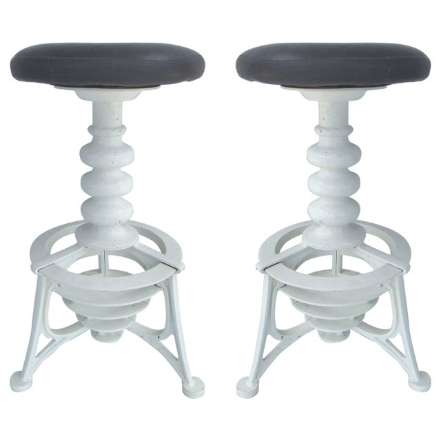 Metal Turn of the Last Century Cast Iron Swivel Bar Stools With Leather Seats, Pair For Sale - Image 7 of 7
