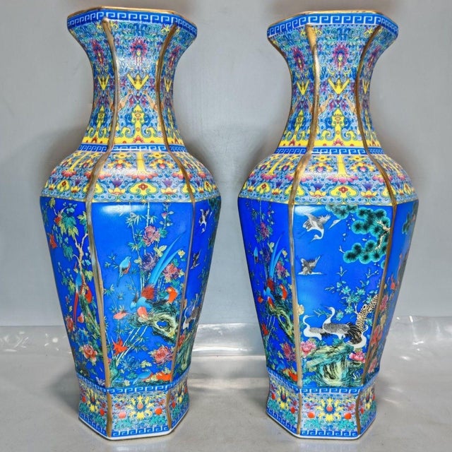 Ceramic Pair of Chinese Hexagonal Blue Ground Famille Rose Peacock & Bird Porcelain Vases, Chinoiserie Decor Vessels For Sale - Image 7 of 9
