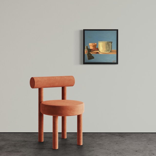 Vintage Expressionist Still Life with Axe, Pot, and Planter, Signed (Acrylic on Canvas, Framed). Housed in a black frame....