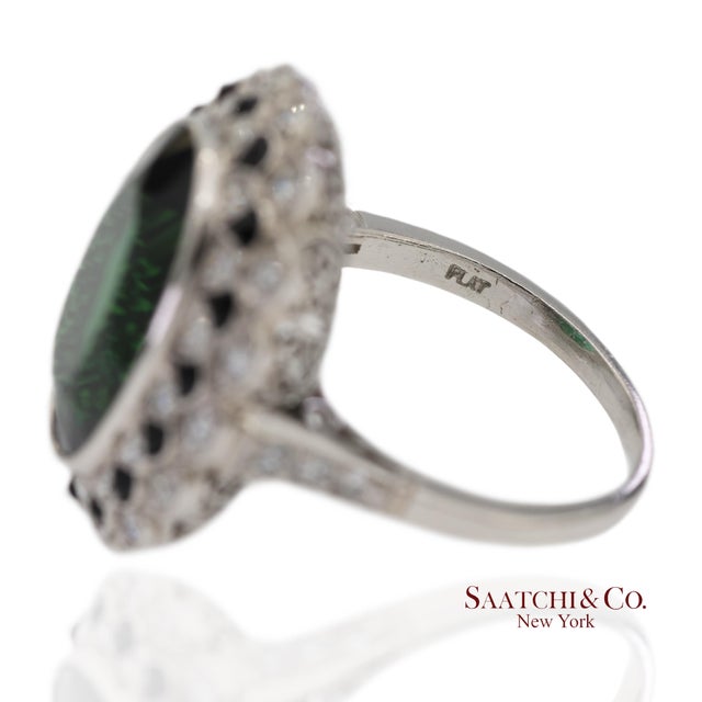 Metal Vintage Platinum 950 Milgrain Natural Diamond and Tourmaline Ring, Size 7 For Sale - Image 7 of 12