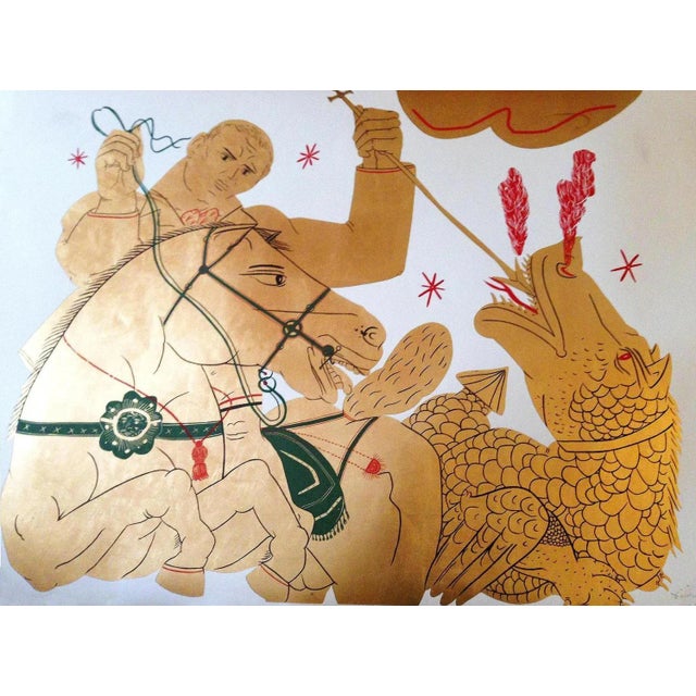 The Rider and the Dragon, Gold Asian Inspired Mixed Media and Gold Leaf on Paper, 2016 For Sale - Image 4 of 4