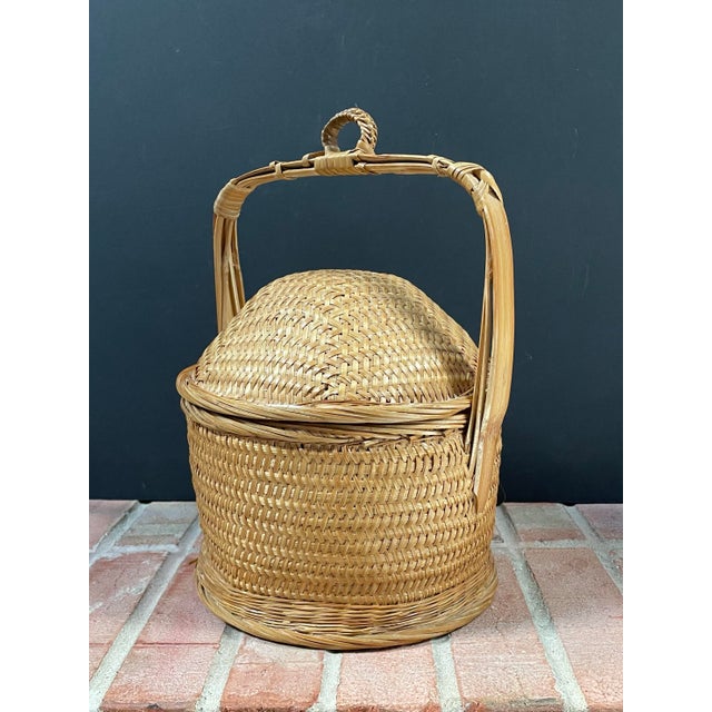 Tan Vintage Chinese Woven Rattan & Bamboo Domed Wedding Basket For Sale - Image 8 of 12