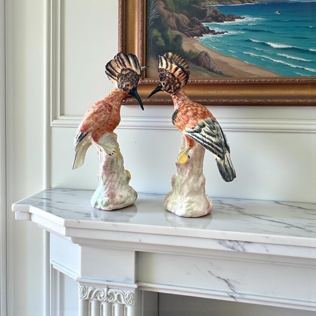 A refined pair of vintage Mottahedeh hoopoe bird sculptures, beautifully hand-painted in Italy and inspired by the iconic...