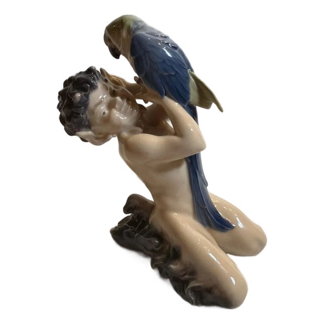 Vintage Royal Copenhagen Faun with Parrot Figurine #752 by Christian Thomsen For Sale