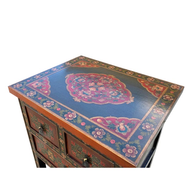 Red Black Tan Tibetan Floral End Side Table Nightstand Cabinet For Sale In San Francisco - Image 6 of 7
