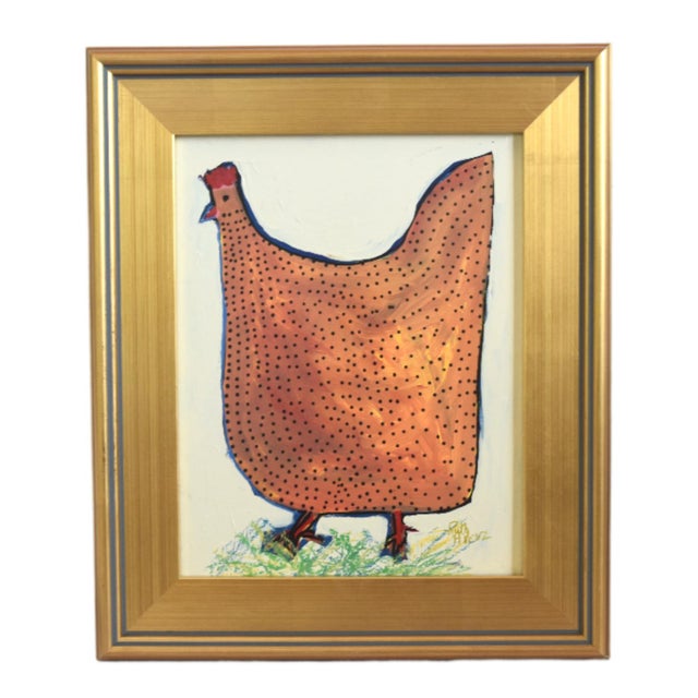 2020s Folk Art Chicken Hen Painting by Ruth Arenz Including the Antiqued Gold Wood Frame For Sale - Image 5 of 5