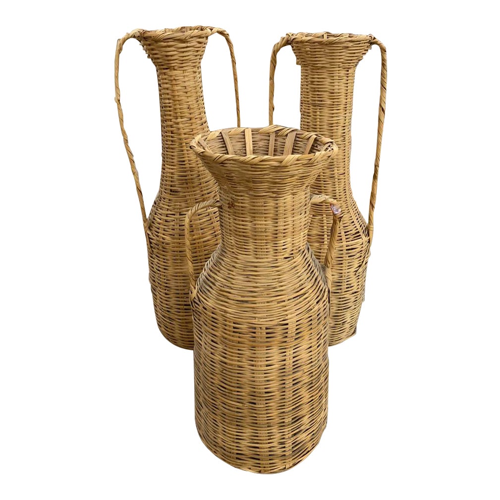 Set Of 3 Vintage Tall Wicker Floor Vases Baskets