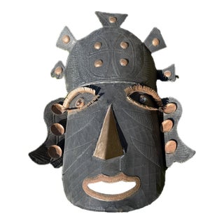 Vintage Mexican Folk Art Tin Hojalata Mask W/ Copper Accents & Glass Marble Eyes For Sale