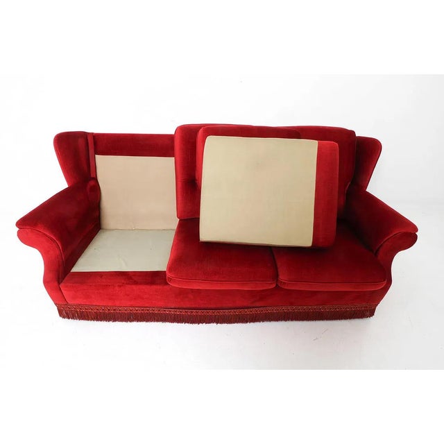 Wood 1960s Mid Century Tufted Back Ruby Red Sofa For Sale - Image 7 of 14
