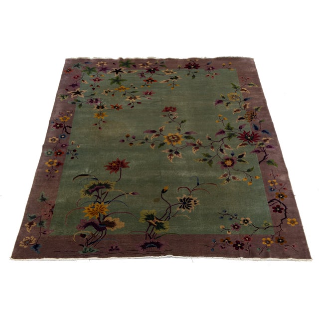 Antique 1920s Art Deco Chinese Nichols Rug in Sage Green & Plum Floral Design For Sale - Image 10 of 12