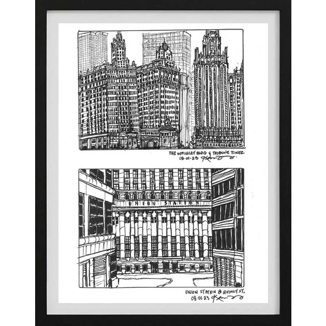 This is an original hand sketch of Wrigley, Tribune & Union Station located in Chicago, Illinois . The sketches are...
