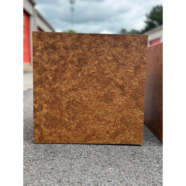 Brown 1970s Pair of Post-Modern Burled Cube Tables Styled After Milo Baughman For Sale - Image 8 of 12