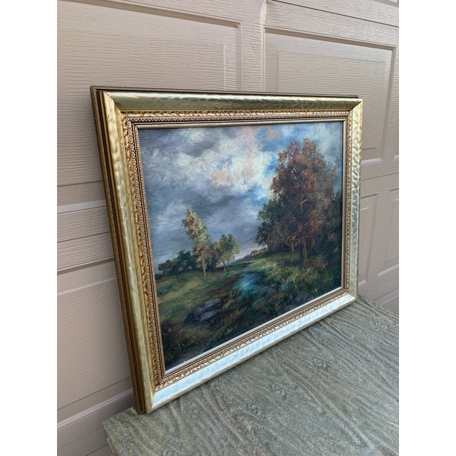 A beautiful antique hand-painted silver-gilt wood framed oil on canvas landscape painting USA, Early 20th Century...