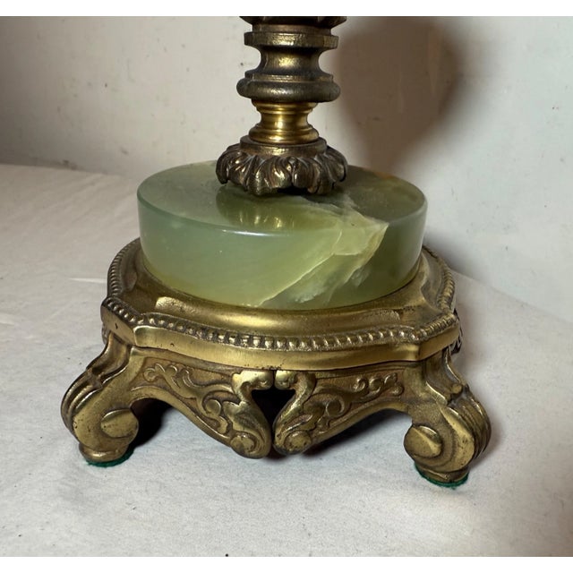 Metal Vintage Ornate Rembrandt Cast Iron Green Onyx Stone 3 Arm Electric Table Lamp For Sale - Image 7 of 11