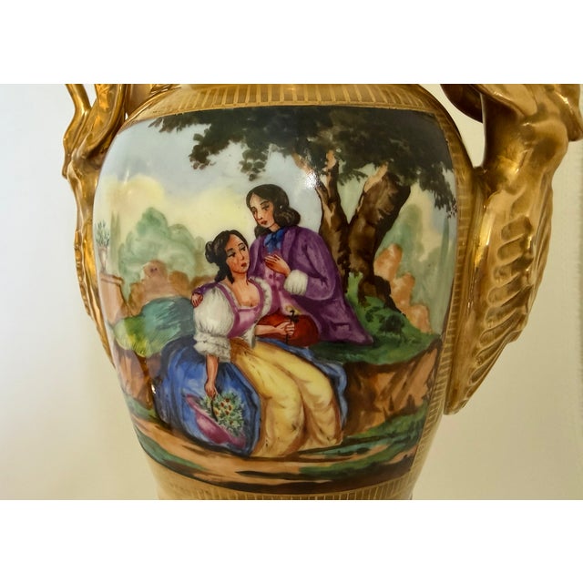 19th Century French Old Paris Gilt Porcelain Swan-Handle Urn Vases – Pair For Sale - Image 4 of 16