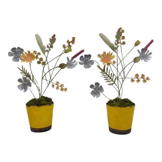 Pair of Vintage Italian Hand-Painted Metal Wildflower Arrangements in Textured Yellow Ceramic Pots For Sale