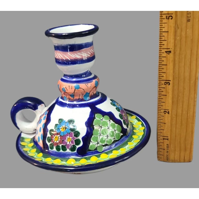 Mexican Vintage Hand Painted Colorful Terra-Cotta Mexican Talavera Chamber Candle Stick For Sale - Image 3 of 8