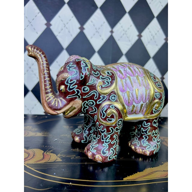1980's Pair Decorative Ceramic Elephant Figurines in Burgundy, Pink & Gold Chinoiserie, Export Marks For Sale - Image 13 of 16