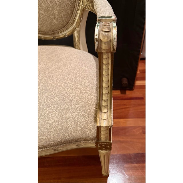 Wood Vintage 1940s Louis XVI French Revival Neoclassical Giltwood Bow-Crest Armchair For Sale - Image 7 of 11