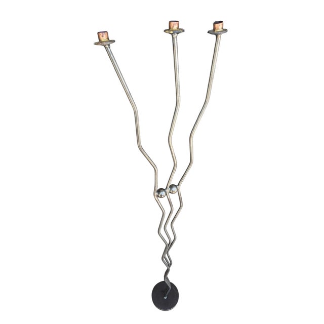 1990s Vintage Handmade Brutalist Wrought Iron Floor Candleholder For Sale - Image 5 of 12