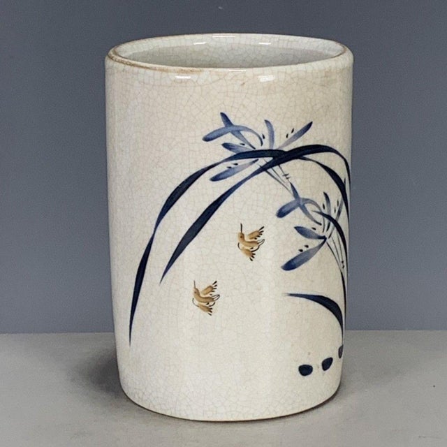 White Blue & White Crackle Glaze Porcelain Brush Pot With Orchid Motif For Sale - Image 8 of 9