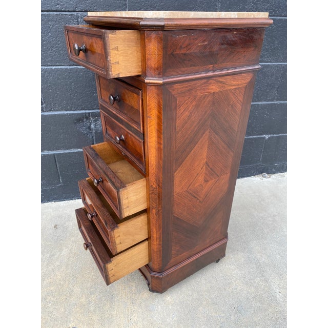Wood 19th Century French Walnut Marquetry Nightstand With Marble Top and Original Casters For Sale - Image 7 of 11