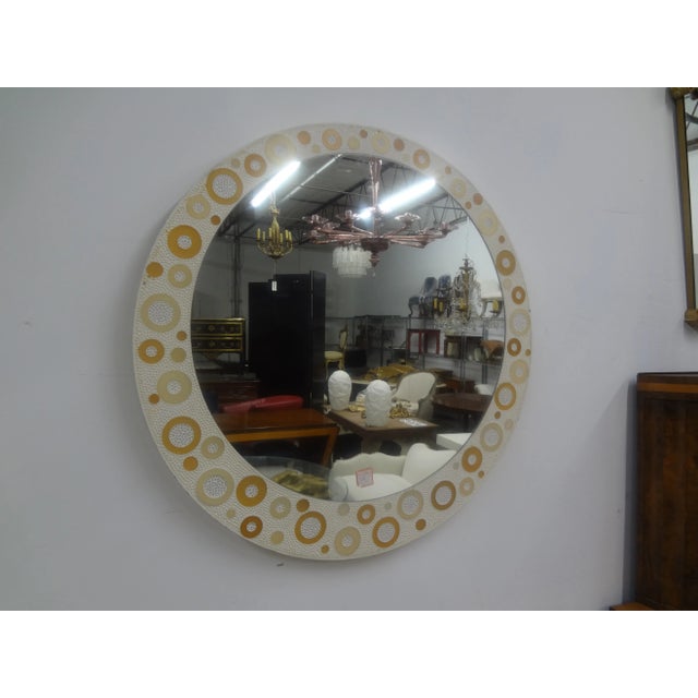 Italian Mid Century Modern Mirror. This unusual large round Italian mirror (39.5 Inches) has a cream background with an...