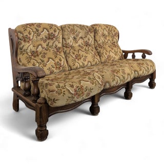 Rustic Oak Sofa with Floral Upholstery For Sale