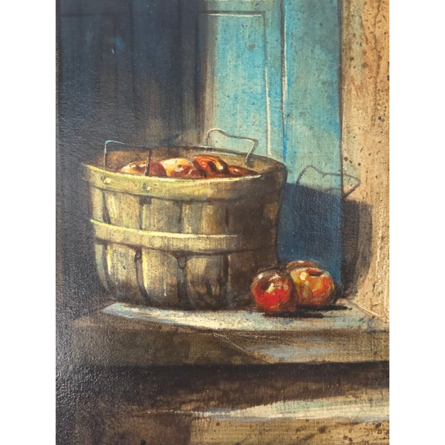 Realism Fine Antique Vintage Oil Painting on Artist Board Basket of Apples on Doorstep For Sale - Image 3 of 4