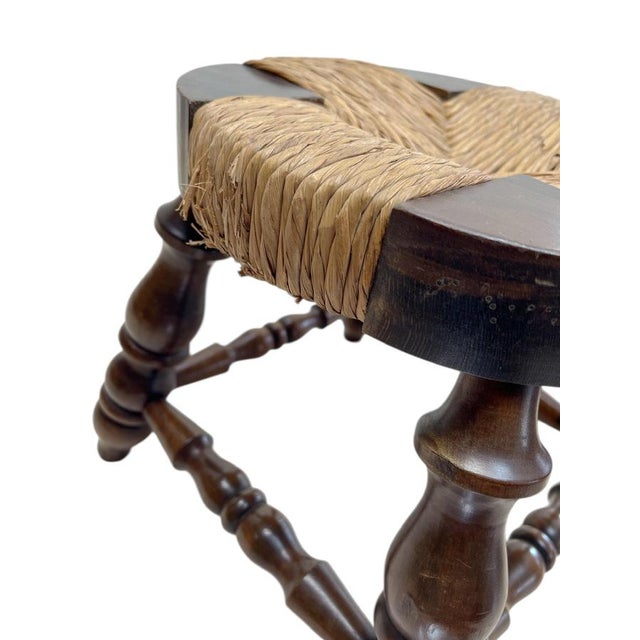 Wood Vintage French Low Beech and Rush Stool, 1970s For Sale - Image 7 of 9