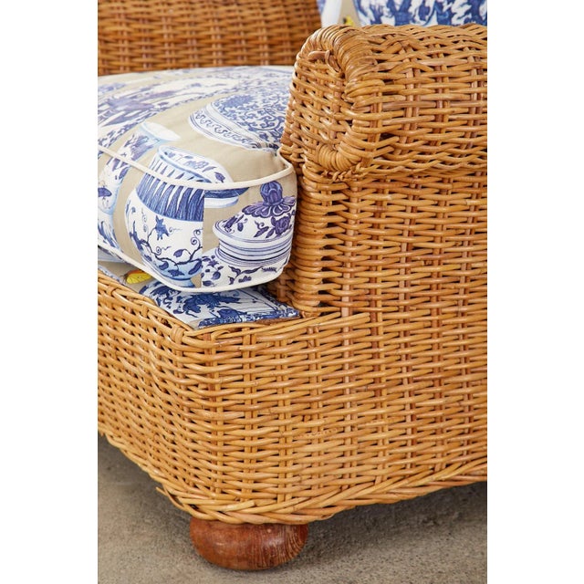 Wood Wicker Rattan Settee and Armchair Chinoiserie Blue and White Upholstery For Sale - Image 7 of 13