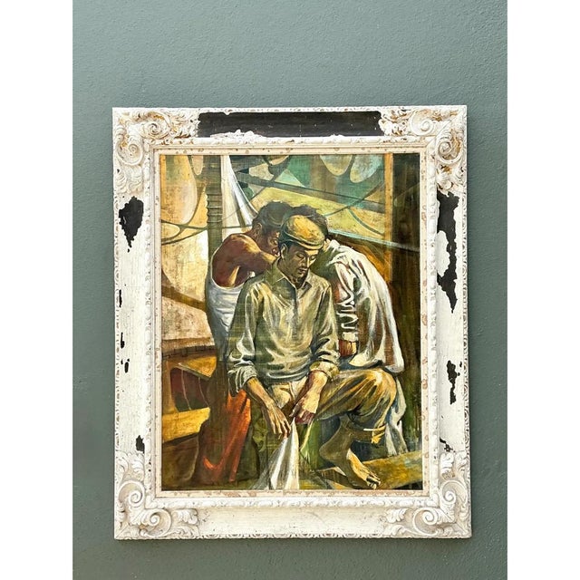 Late 20th Century Vintage Canvas Painting of Men at Work For Sale - Image 5 of 12