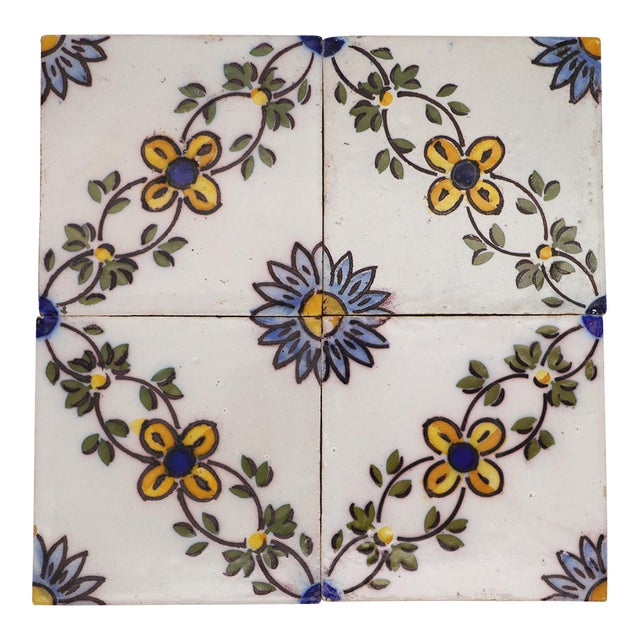19th Century Set of Four Floral Tiles, Portuguese Baroque For Sale