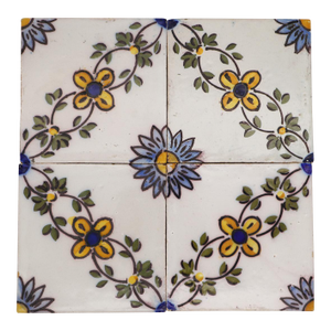19th Century Set of Four Floral Tiles, Portuguese Baroque