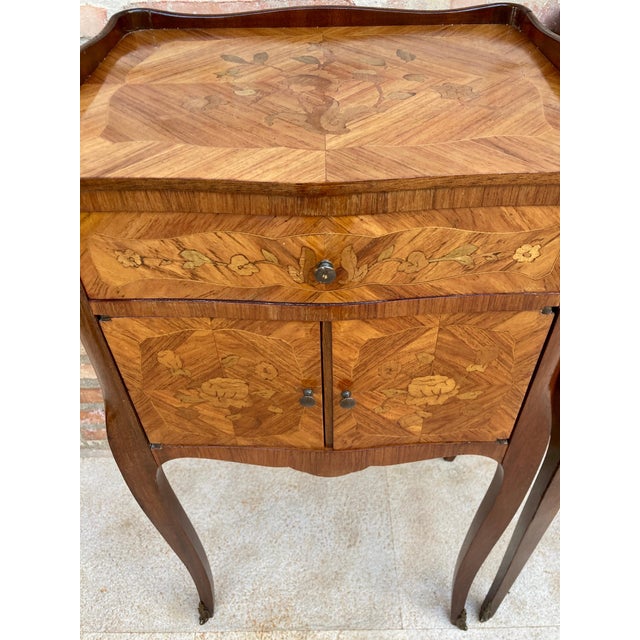 Pair of French Marquetry Bedside Tables with Drawer and Cabinet, 1940s For Sale - Image 12 of 13