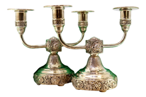 Low Candelabra with Two Lights with Circular Bases in Relief and Four Feet with Wooden Filling